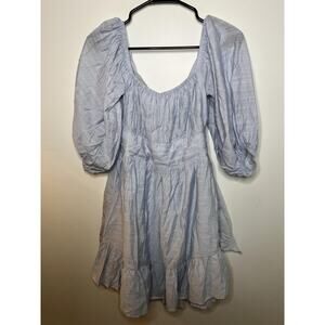 Selfie Leslie Dress Womens Medium Steel Blue Puff‎ Sleeve Tie Back Mini Ruffle